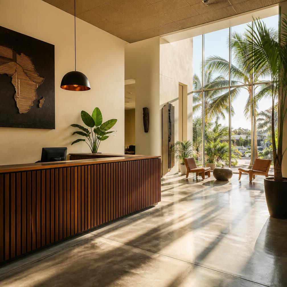 Recepção moderna com painel iluminado e balcão em madeira