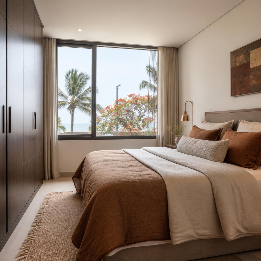 Quarto com roupeiro planificado em madeira