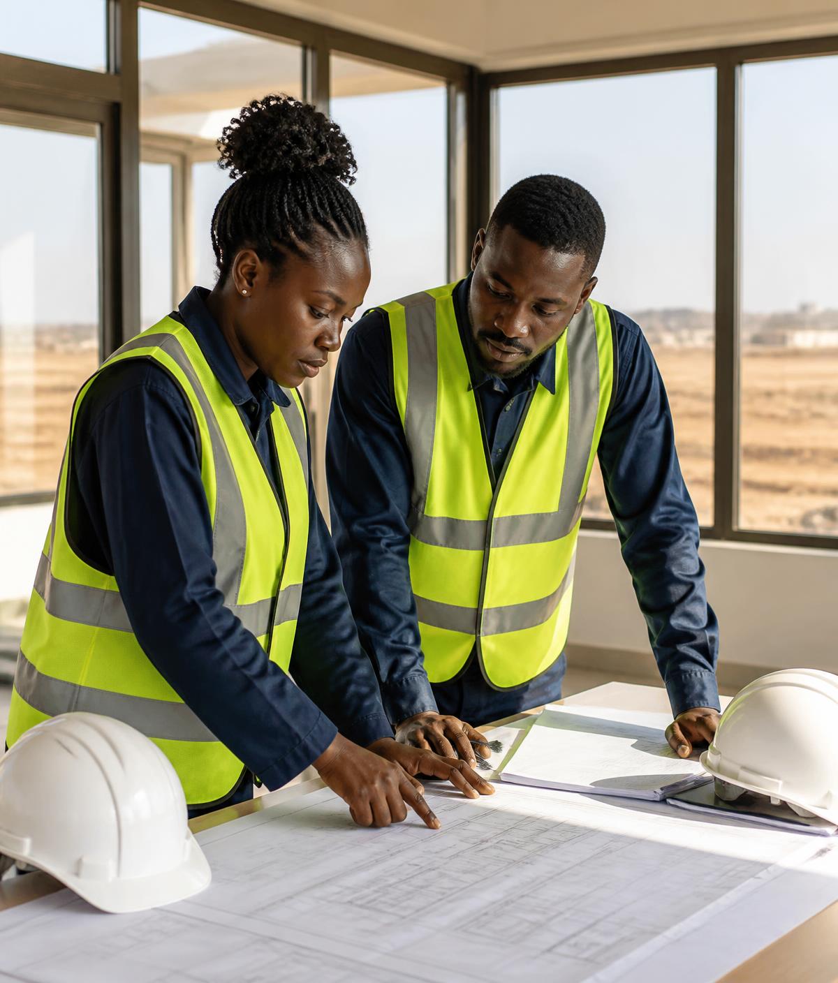 Equipa técnica a analisar plantas de um projecto de construção